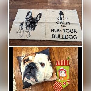 Bulldog velvet pillow, plus 2 linen pillow shams & stocking. New Bull dog decor
